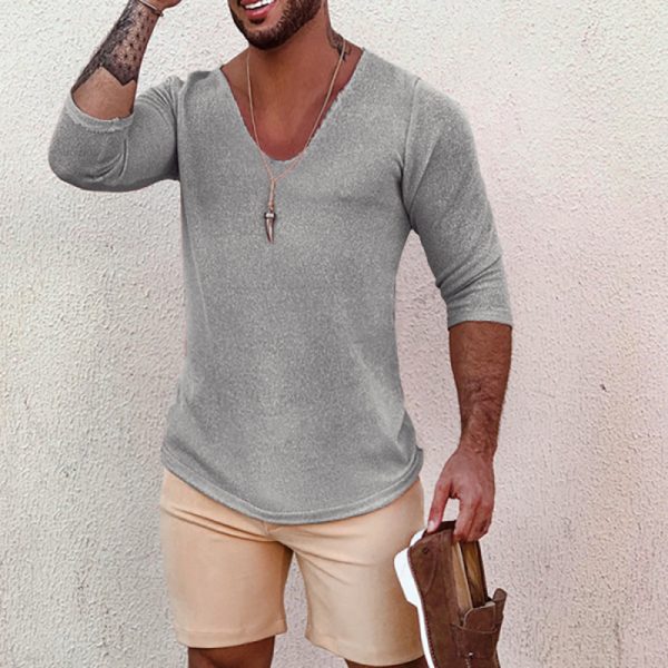 0037227de33fb6e628f5878c9a80ff4e27a9f41cd9ee5e9226ba47824dc55858.jpg Men's Deep V Neck Breathable Linen Cotton Mid Sleeve T-Shirt