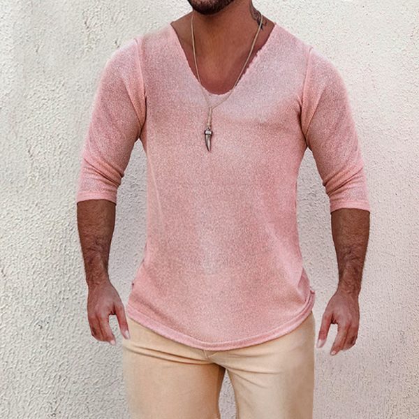 010670b94f5ba4f28d0f071a305d698d44161e398de898a7245d31c35bd461b4.jpg Men's Deep V Neck Breathable Linen Cotton Mid Sleeve T-Shirt