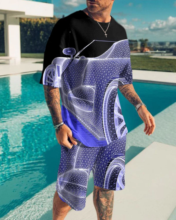 Men's Fashion 3D Printing Short Sleeve Two-Piece Suit 3 Colors