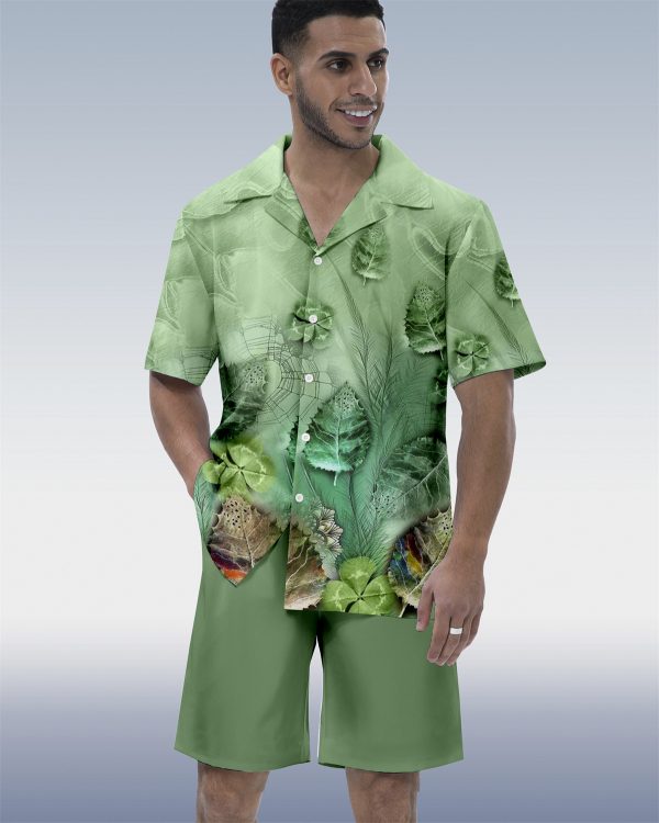 Men's Ombre Contrast Ethnic Print Hawaiian Vacation Short Sleeve Suit 072