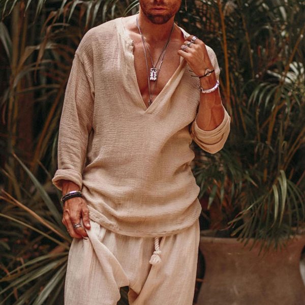 Mens Linen Minimalist Holiday Plain Shirt