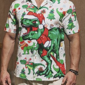 1d1eccc42389a64194c223d4d449e40b557d43d97244b6a2d98d5fed3c5dff02.jpg Men's Christmas Dinosaur Print Short Sleeve Hawaiian Shirt with Chest Pocket