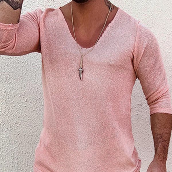2be09135ab9030c08f000f1428af50ab077ce3ad0fc5a422a6d88b6e503ce59f.jpg Men's Deep V Neck Breathable Linen Cotton Mid Sleeve T-Shirt