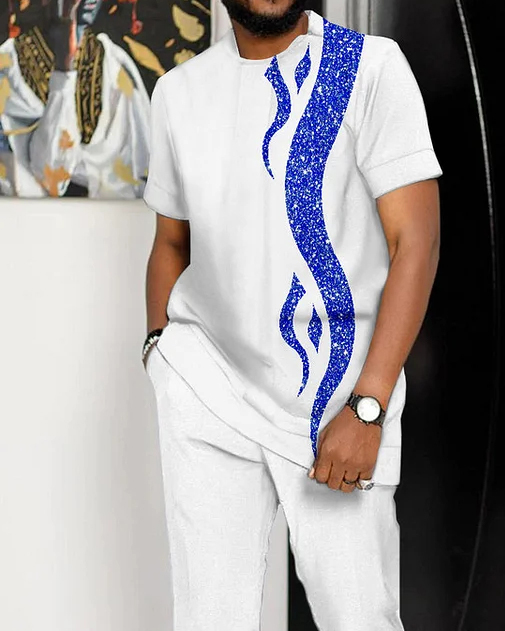 2f59a1e07a83e30d39cdce2368ab0d8effa79166c9ee77bcae4aed11fb68ff35.jpg Suitmens Men's White Printed Short Sleeve Suit 2 Colors 160