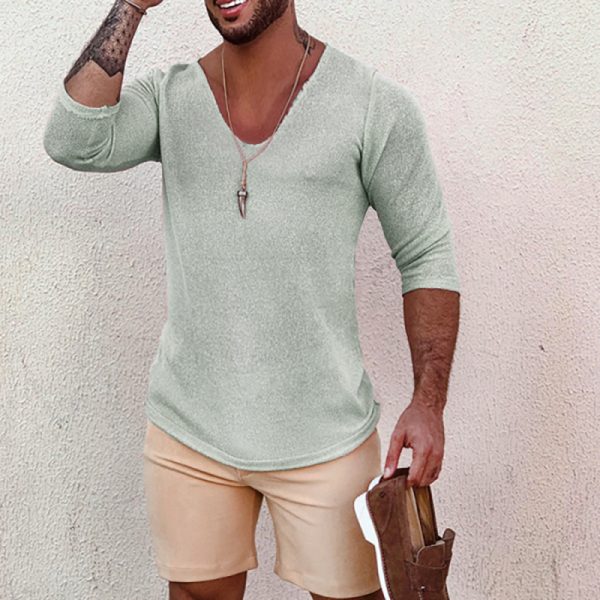 307bbca85aa8bc70fc1d872fe8e4a21fd22583d1ecf15e32df0bac54261b4fc9.jpg Men's Deep V Neck Breathable Linen Cotton Mid Sleeve T-Shirt