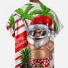 Mens Christmas Santa Surfing Print Front Buttons Soft Breathable Chest Pocket Casual Hawaiian Shirt