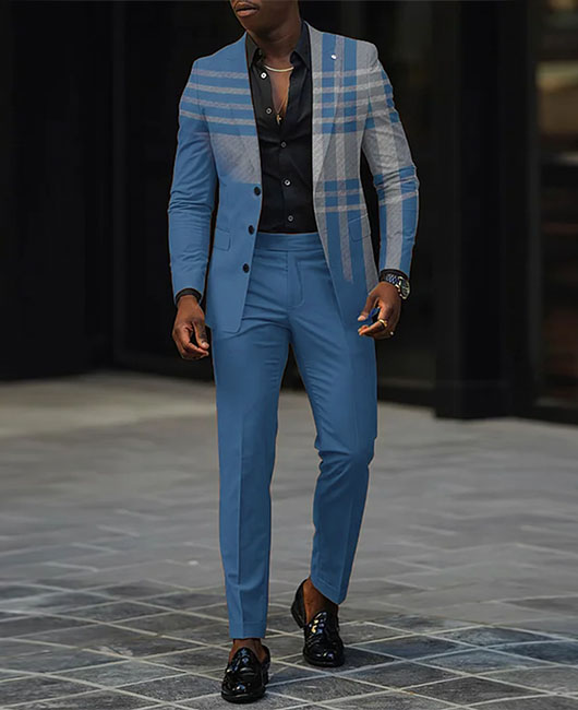 Fashion Colorblock Plaid Lapel Collar Button Blazer & Pants 2Pcs Set