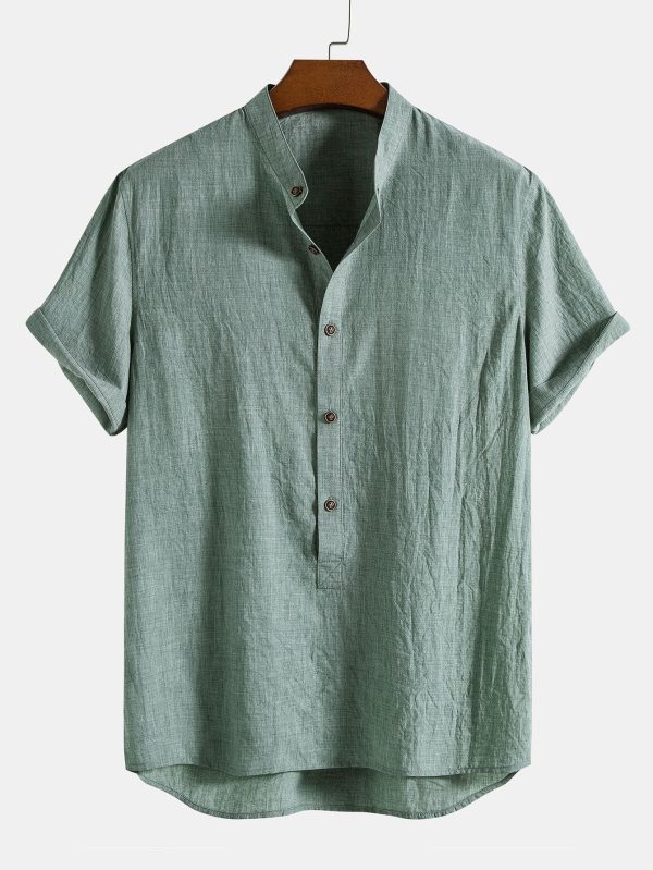 47969a5d770d629084f201ecf7164de017dfc556cd4016da8105a24d00c87448.jpg Short Sleeve Half Button Fly Henley Collar Shirt & Straight Leg Linen Pants