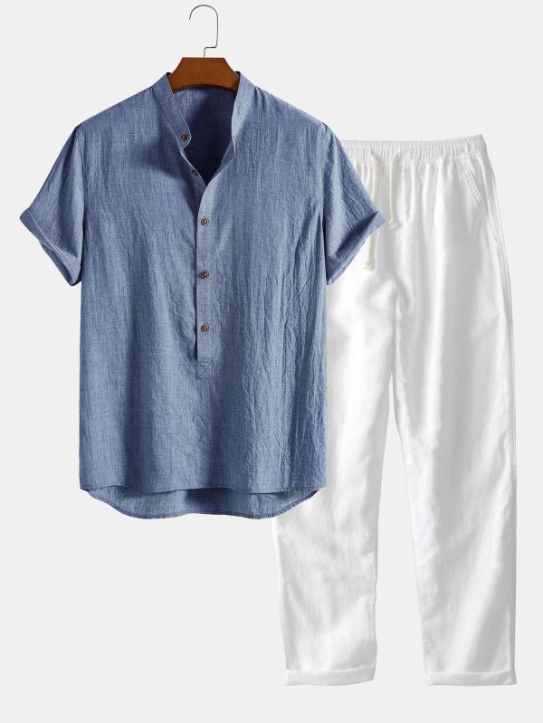 4be7d8ccca684fac71001e0f6717d0790c38acf002a340c671b10ee681d5e820.jpg Short Sleeve Half Button Fly Henley Collar Shirt & Straight Leg Linen Pants