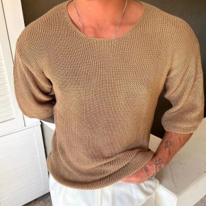 56892c87f49d61c7d6e0469dc5280abef05d715e57156f8aad451f68f1b5b2be.jpg Knitted Wool 3/4 Sleeve Solid T-Shirt