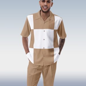 6147f1770bbbbd5a822d0453a49fa6a0c14de61bff3e6c73b3a483bd89f82214.jpg Khaki Block Walking Suit 2-Piece Short Sleeve Suit