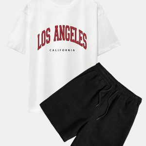 Los Angeles Print Drop Shoulder Oversize T-Shirt & Corduroy Shorts