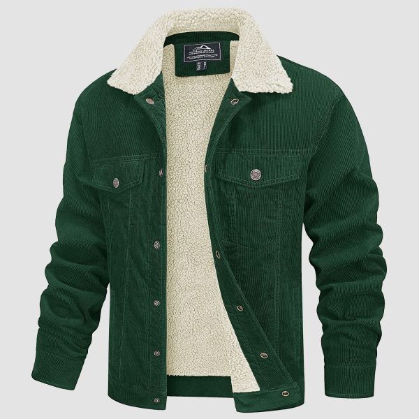 Men's Corduroy Jacket Sherpa Lined Cargo Jackets Cotton Turn Down Collar Winter Warm Casual Work Coat with 5 Pockets