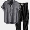 777900f3caa6bcc0c18baaa5db01ab28e079082525f3b7f2da948a10584fe7e8.jpg Short Sleeve Half Button Fly Henley Collar Shirt & Straight Leg Linen Pants