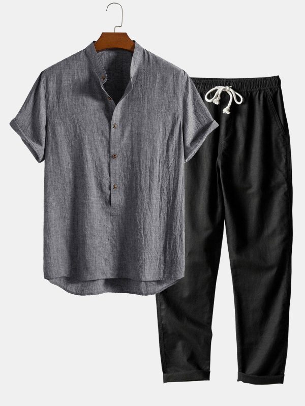 777900f3caa6bcc0c18baaa5db01ab28e079082525f3b7f2da948a10584fe7e8.jpg Short Sleeve Half Button Fly Henley Collar Shirt & Straight Leg Linen Pants