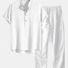 Linen Blend Striped Half Open Placket Henley Collar Shirt & Straight Leg Linen Pants