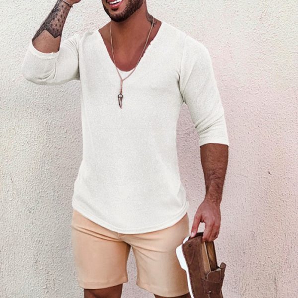 b655ae436bd73129e0f72b65f125525420e6296bf12f8bcf1f150d785a5c3c36.jpg Men's Deep V Neck Breathable Linen Cotton Mid Sleeve T-Shirt