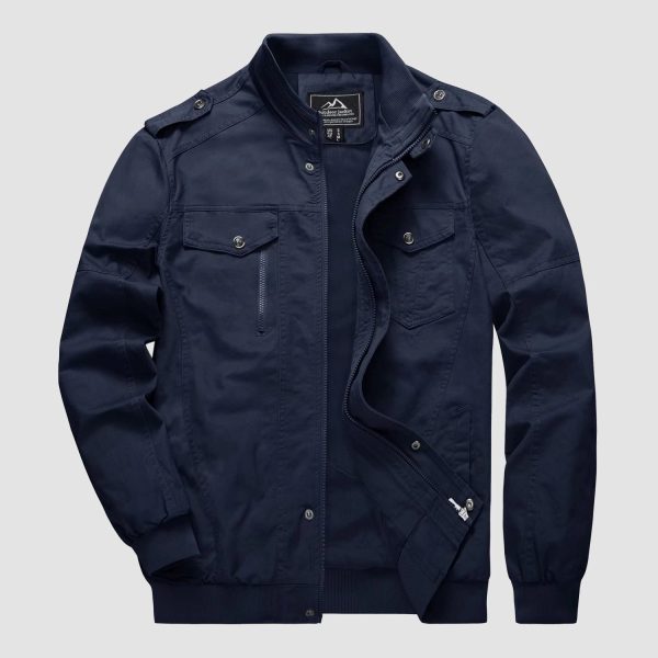 Men's Cotton Cargo Jackets Stand Collar Lightweight Tactical Jacket Windbreaker 4 Pockets