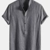 bacff3ac4527071cc4ead17fd20d70bb98ee6bfa5aeeadcb563bc37b6556f966.jpg Short Sleeve Half Button Fly Henley Collar Shirt & Straight Leg Linen Pants