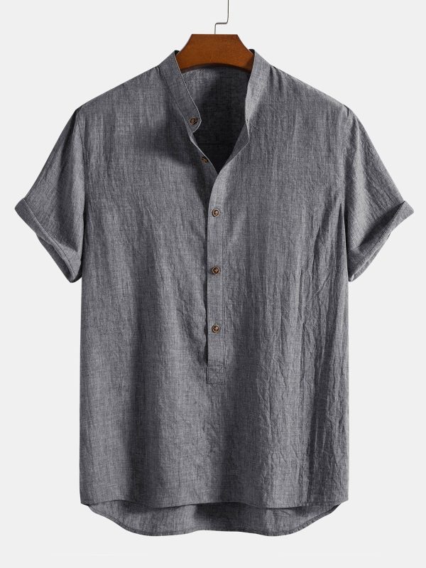 bacff3ac4527071cc4ead17fd20d70bb98ee6bfa5aeeadcb563bc37b6556f966.jpg Short Sleeve Half Button Fly Henley Collar Shirt & Straight Leg Linen Pants