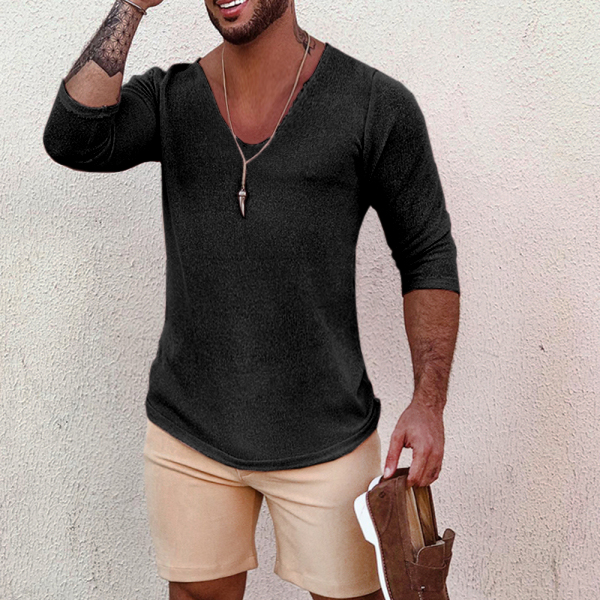 bd0002da0b1ac70ba8afc97876e9ee6f59e25718dec2b28256353c87f3c8d6ba.jpg Men's Deep V Neck Breathable Linen Cotton Mid Sleeve T-Shirt