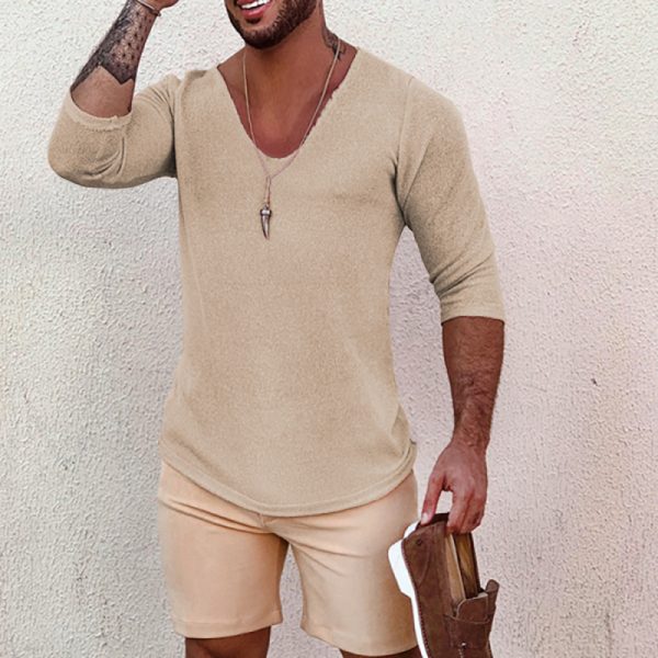 cb35d89c290c67708723b243b64e5d8f0cc15153b3ca091d9d895618b90606f1.jpg Men's Deep V Neck Breathable Linen Cotton Mid Sleeve T-Shirt