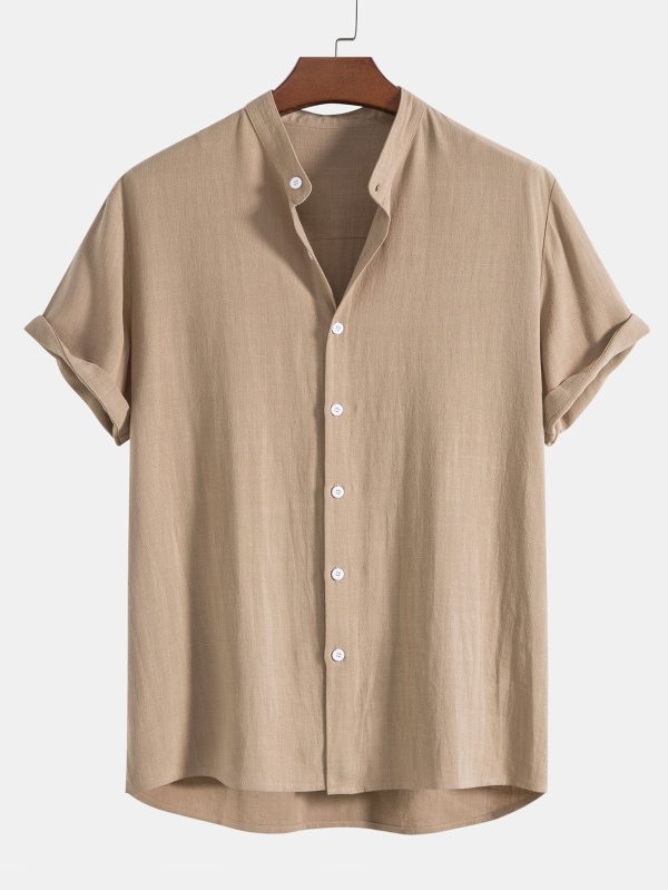 Linen And Rayon Blend Stand Collar Shirt & Straight Leg Linen Pants