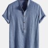 d2c39e85538cdd199a787bf7e69d669e18fb8498c7dcf68c4f0b46a5fc3e3b75.jpg Short Sleeve Half Button Fly Henley Collar Shirt & Straight Leg Linen Pants
