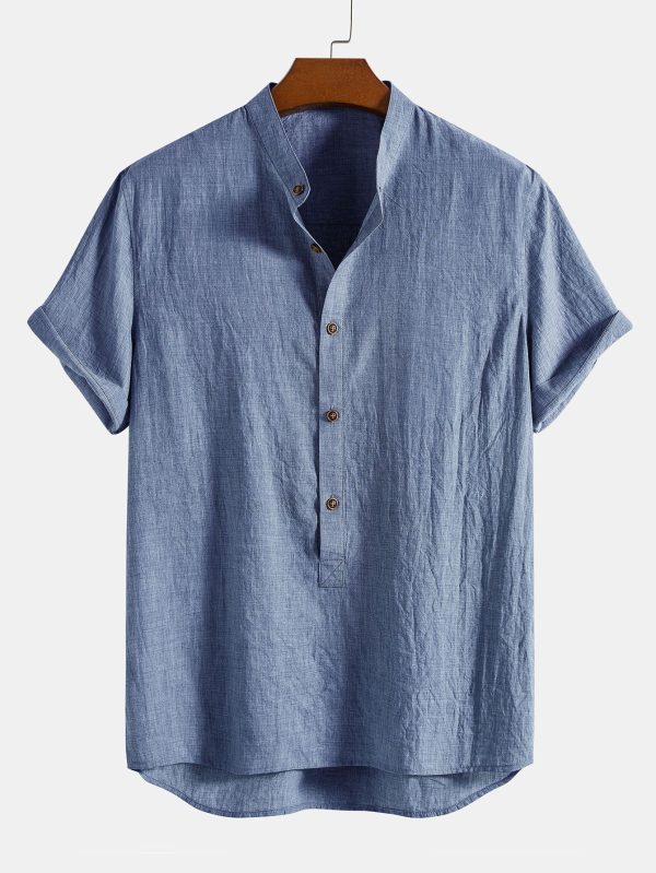 d2c39e85538cdd199a787bf7e69d669e18fb8498c7dcf68c4f0b46a5fc3e3b75.jpg Short Sleeve Half Button Fly Henley Collar Shirt & Straight Leg Linen Pants