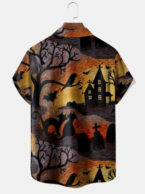 e33433edd82895d8758f286f864300b672c0eb4f9c65a11e49dc12bd1fdb33dd.jpg Men's Halloween Cat Print Casual Breathable Short Sleeve Shirt