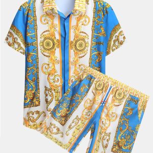 Baroque Print Button Up Shirt & Shorts