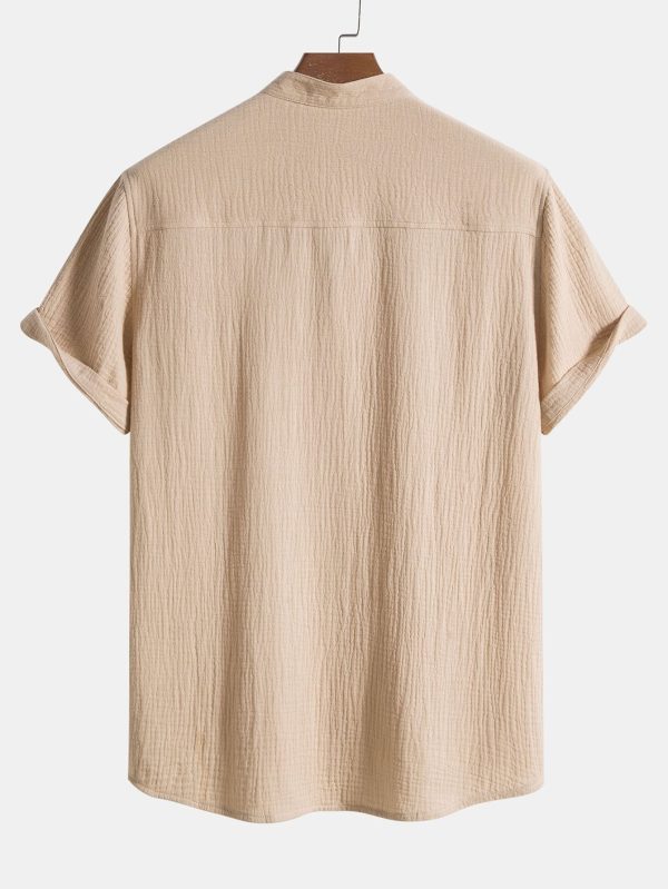 Wrinkled Cotton Half Open Placket Henley Collar Shirt & Straight Leg Linen Pants