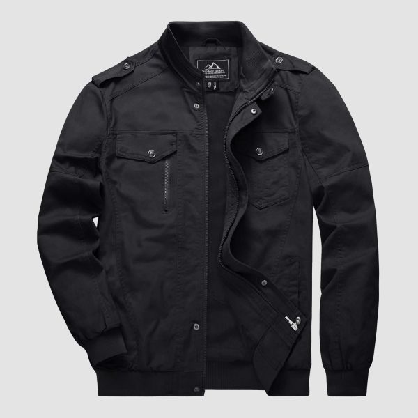 Men's Cotton Cargo Jackets Stand Collar Lightweight Tactical Jacket Windbreaker 4 Pockets
