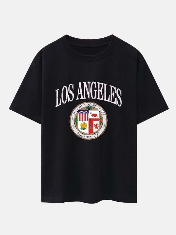 ff59bcdf233be4623a1ba530453a353887af3bb866d96b4cc50de7323828a572.jpg Los Angeles Coat Of Arms Print Drop Shoulder Oversize T-Shirt